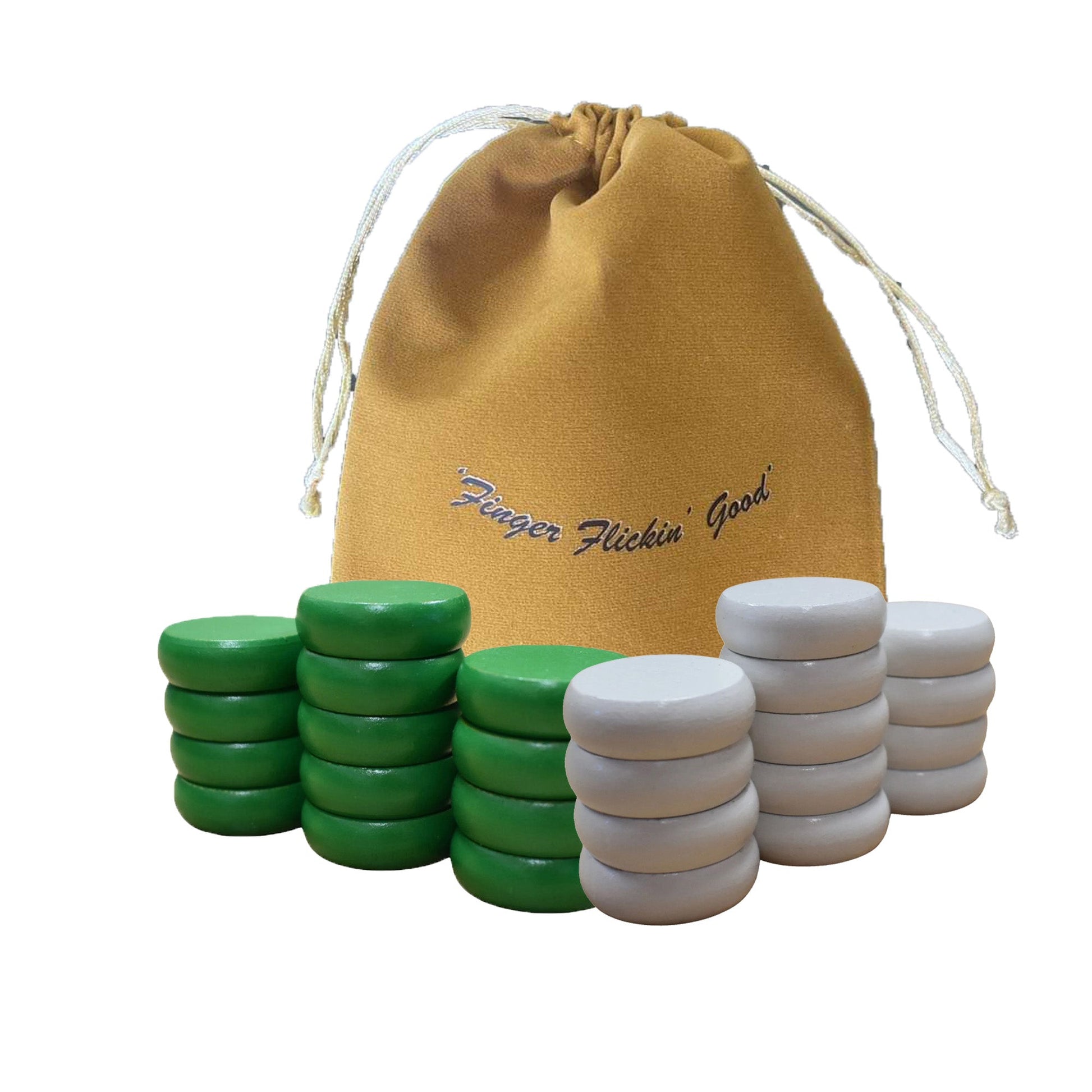 Crokinole Tournament Discs - 13 Green and 13 White - Size 1-1/4" - 24 Needed + 2 Spare Discs - Bag Included - Carrom Alternative - Crokinole Europe